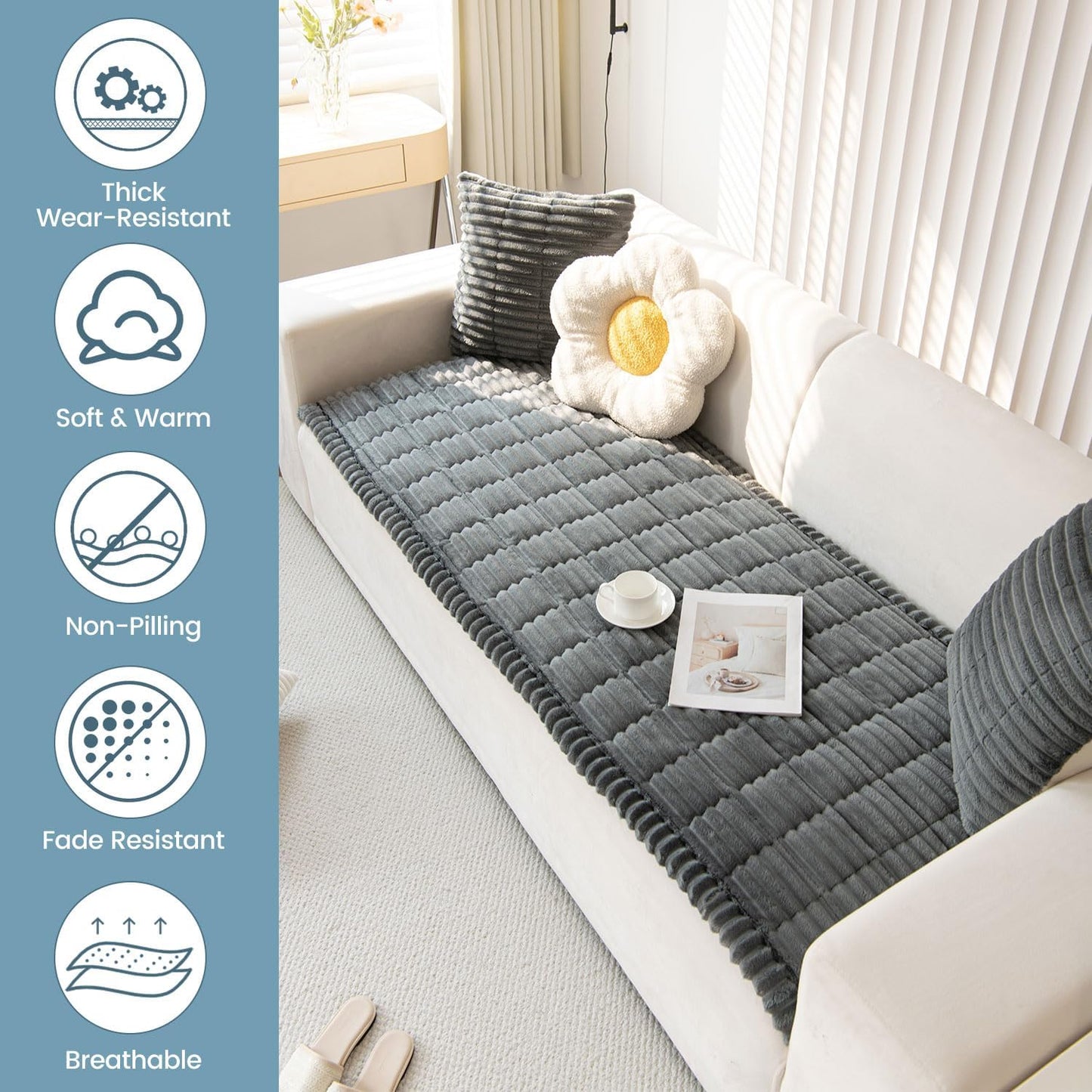 OTOB Sofa Covers for 3 Cushion Couch Washable, Fuzzy Non Slip Pet Friendly Couch Cover Protector Love Seat, All Seasons Soft Plush Furniture Bed Mats Sofa Slipcovers (Dark Gray, 31.5" x 70.9'')