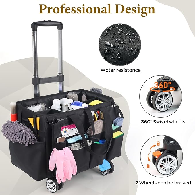 Rolling Cleaning Caddy Bag with Detachable Trolley, Multi-Functional Portable Cleaning Cart Supplies Organizer for Housekeeping and Domestic Cleaning, Cleaning Caddy with Wheels, Black