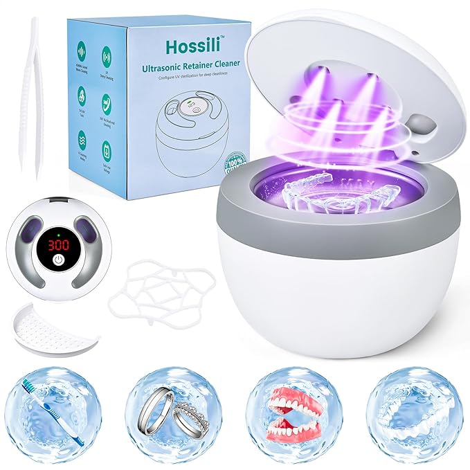Ultrasonic Retainer Cleaner Machine, 45kHz 200ML Dental Cleaning Pod with 4 Wash Modes, Digital Timer for Denture Cleaner, Aligners, Mouth Guards, Braces, Jewelry & Toothbrush Heads (White)