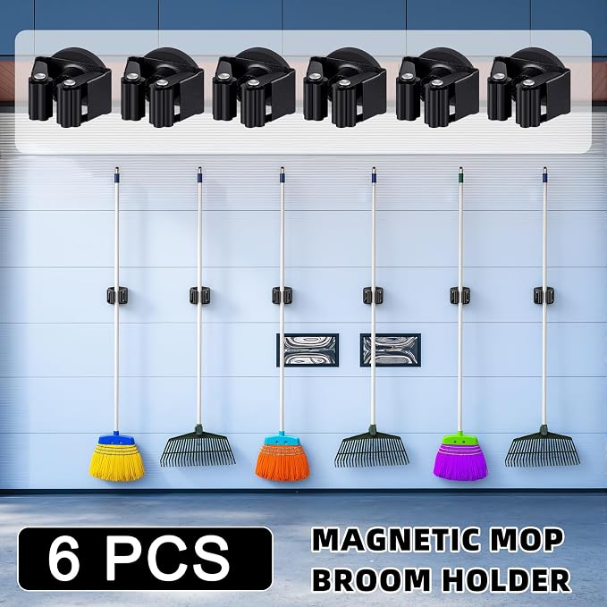 Vercraft 6 Pcs Magnetic Mop Broom Holder Movable Magnetic Broom Holder Rack, Anti Slip Wall Mounted Utility for Cleaning Tools, Garage, Kitchen, Laundry, Garden (Black)
