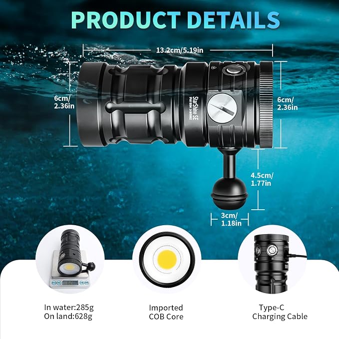 Starshine SE 7500 Lumens Dive Light - Professional Underwater Video Light with 92 CRI, 5200K White Light, USB-C Rechargeable, for Diving/Underwater Photography (IP68 Waterproof, 100m Depth)