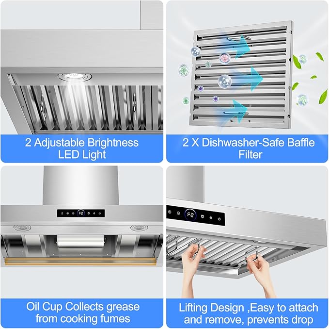 30 inch Wall Mount Range Hood, 1200 CFM with 4-Speed Gesture Sensing & Touch Control, Stainless Steel Ducted Kitchen Stove Vent Hoods with 2 LED Lights, Time Setting, Dishwasher-Safe Baffle Filters