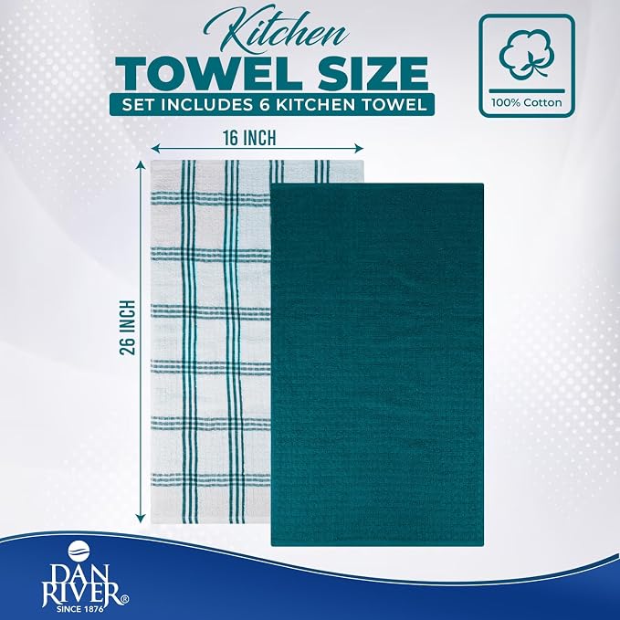 DAN RIVER Premium Teal Kitchen Towels - [Pack of 6] 100% Cotton (16x 26 Inches) -Super Soft, Highly Absorbent Hand Towels, Quick Dry, Dish Towels, Tea and Bar Towels Set