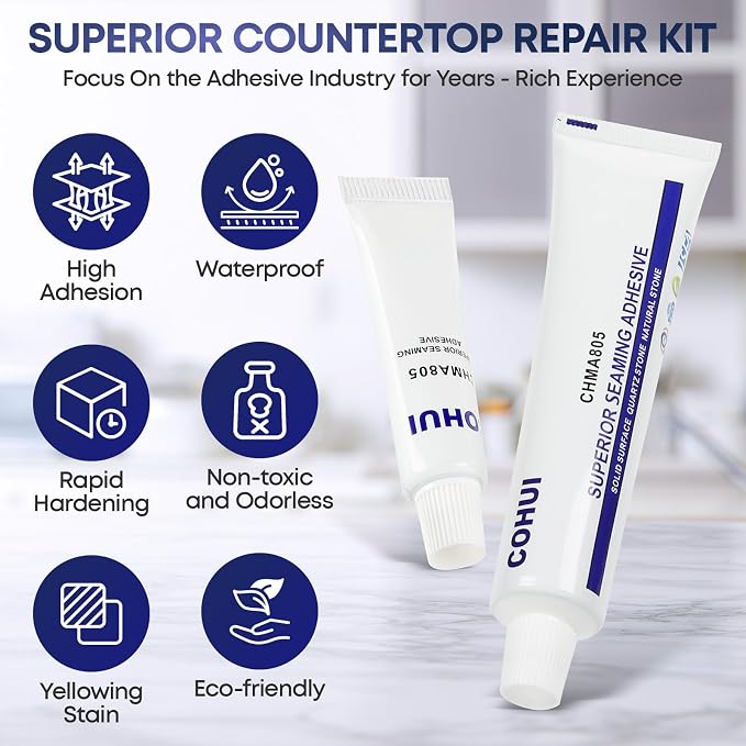 Marble and Granite Repair Kit (White) - 30-Min Quick-Drying Quartz Countertop Repair Kit on Quartz, Marble, Porcelain and Other Stone Surfaces - Granite Sealer for Edge Chips Cracks Scratches Holes
