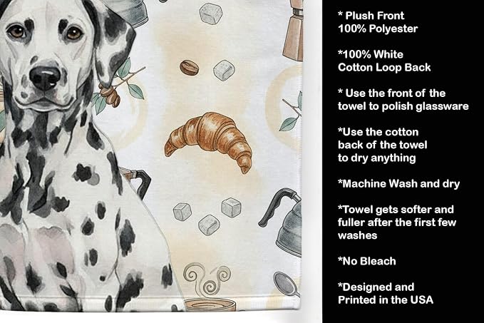 Caroline's Treasures Dalmatian Coffee Bar Kitchen Towel Velour Plush Front and Cotton Loop Back Machine Washable