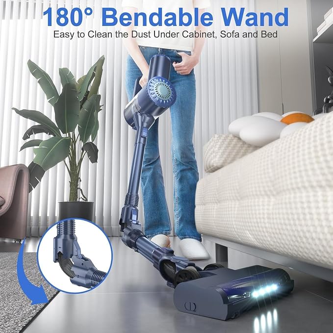 PRETTYCARELIFE 6-in-1 Cordless Vacuum Cleaner,Stick Vacuum with 180° Bendable Wand,High Power/Powerful Suction/Long Runtime,Self-Standing Wireless Vacuum for Hardwood Floor (Blue)