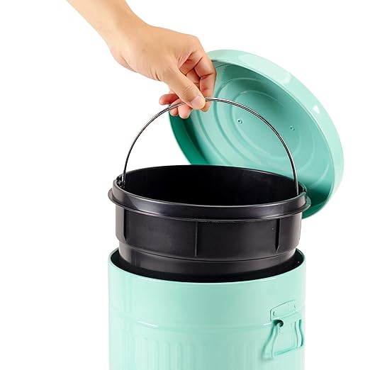 Bathroom Trash Can with Lid, Small Waste Basket for Home Bedroom, Retro Step Garbage Can with Soft Close, Vintage Office Trash Can, 5 Liter/ 1.3 Gallon, Glossy Mint Green