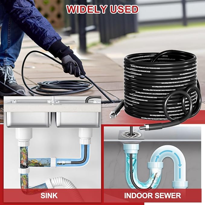 100 FT Sewer Jetter Kit for Pressure Washer, 5800 PSI High-Pressure Drain Cleaning Hose, 1/4 Inch NPT with 3 Nozzles, Watertight Tape, Handle Strap & 2 Spanners, Drain Cleaning Solution