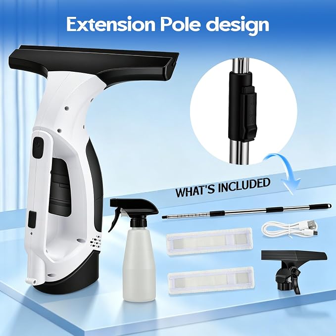 Window Vacuum Squeegee Cordless, 2200mAh Electric Window Squeegee Vacuum with 0.8-1M Extendable Pole, 2000Pa Window Sill Cleaning Tools, for High Windows, Shower Glass, Car, Kitchen