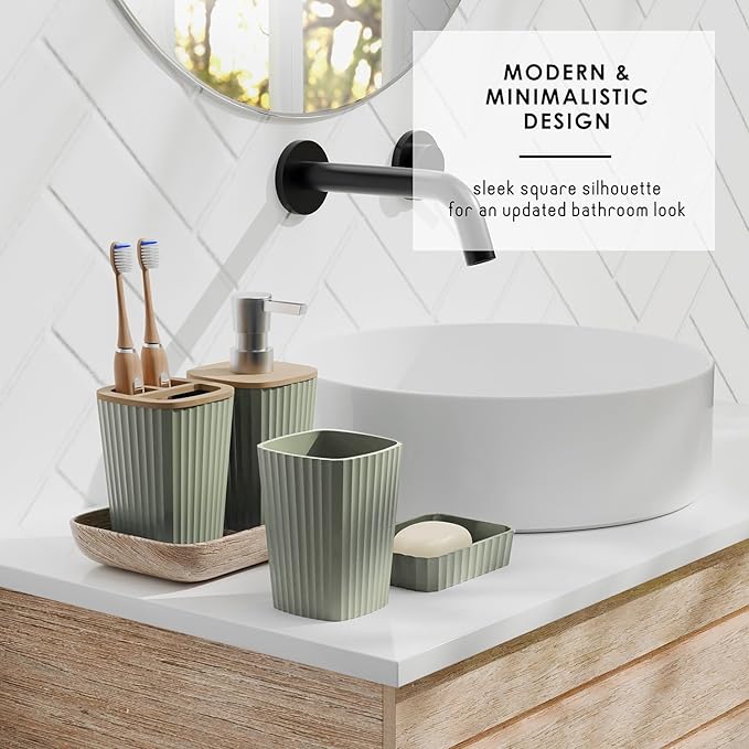 Clara Clark Bathroom Accessories Set - Bathroom Set, Bathroom Accessory Set, Shower Curtain Set, Toilet Brush, Trash Can & Soap Dispenser - Sage Green - 20PC