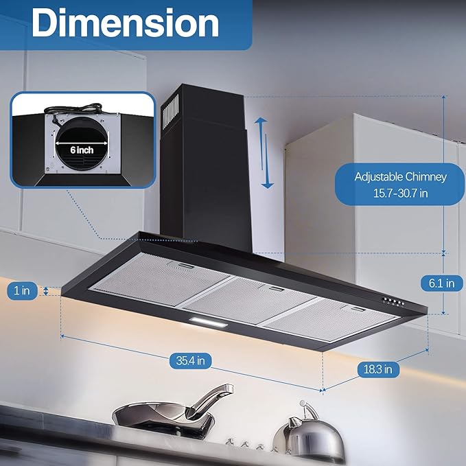 SNDOAS Range Hood 36 inch,Black Vent Hood with 450CFM & 3-Speed, Ducted/Ductless Convertible,Mesh Filters & Push Button Control for Stove Hood,Chimney-style Black Range Hood Wall Mount