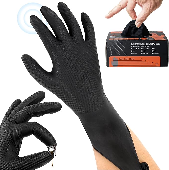wcy ANBOSON 9 Mil Heavy Duty Nitrile Gloves, Raised Diamond Texture Grip, Latex Free Disposable Industrial Mechanic Work Gloves, Chemical & Puncture Resistant,Black,30 Count