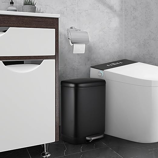 12L Bathroom Trash Can with Lid, Stainless Steel Kitchen Trash Can with Odor-Protective Lid | Hands-Free, with Foot Pedal and Trash Bag Ring, Removable Inner Bin, Suitable for Bathrooms, Black