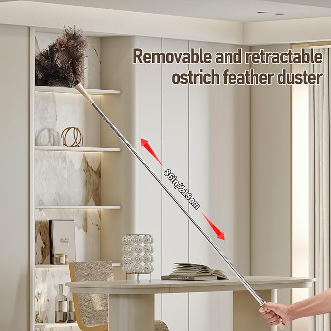 Ostrich Feather Duster 27-94Inch Retractable Fluffy Natural Detachable Ostrich Feather Duster Used for Household Cleaning and High-Altitude Cleaning (1PCS)