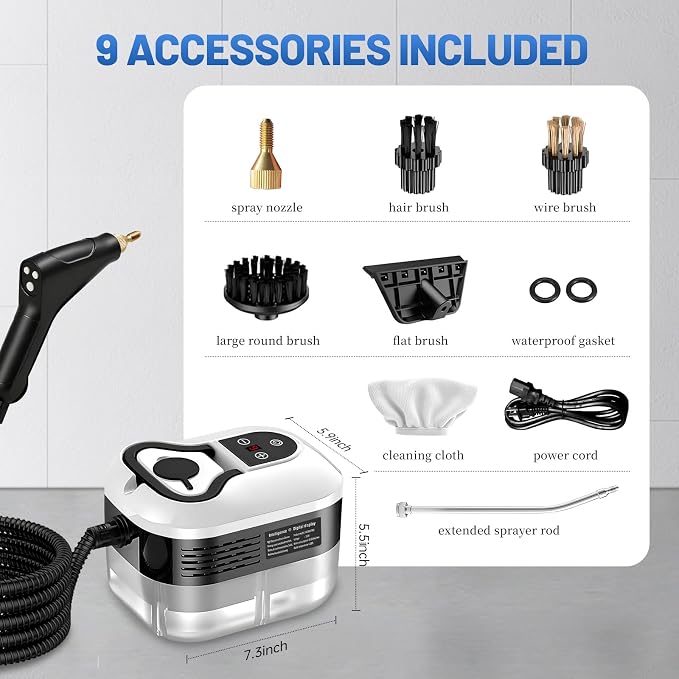 Pressurized Handheld Steam Cleaner, Portable Steamer for Cleaning with 1.2L Large Tank, 15s Fast Heat-Up, 6-Level Adjustable, Powerful Steam Cleaner for Home, Car, Kitchen, Tile, Grout