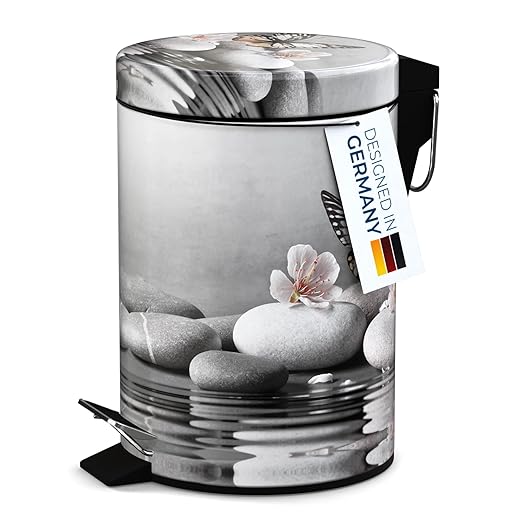 Sanilo Small Bathroom Trash Can with Lid [1.3 Gallon] - Lidded Tiny Trashcan for Garbage - Mini Metal Bin with Soft Closing Mechanism - Bath Room Accessoire Wastebin with Inner Bucket (Vanesa)