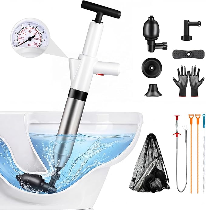 Fast Toilet Plunger High Pressure with Storage Bag, Heavy Duty Air Drain Blaster & Unclogger Tool, Clog Remover Kit & Toilet Snake Alternative for Bathroom, Toilets, Sinks, Tubs, Pipes (White)