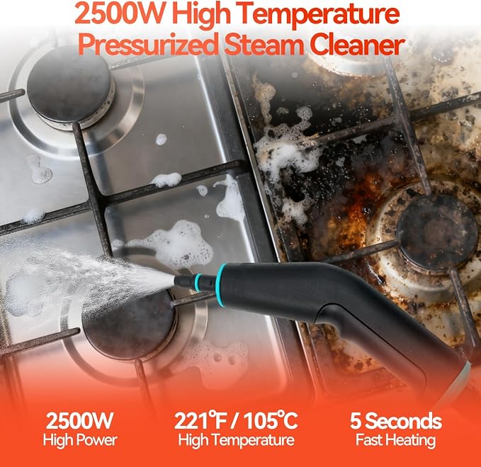 2500W Handheld Steam Cleaner, 6-Speed Portable Steamer with Large Tank & 10 Accessories, 10s Heat-Up steamer cleaning for Kitchen, Bathroom, Car Detailing, Tile & Grout Cleaning