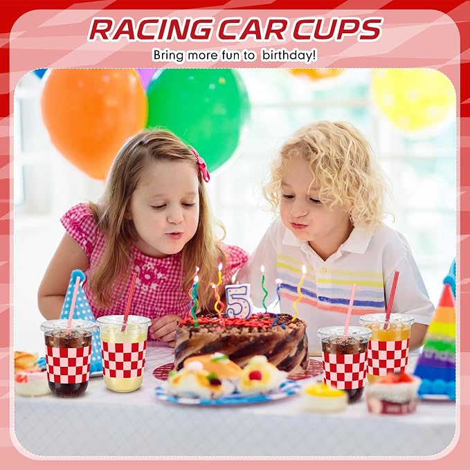 LemonRoad 50sets 16oz Red Checkered Cups Race Car Birthday Party Decorations Supplies Plastic Cups Disposable with Lids and Straws for Racing Party Christmas Birthday Wedding Baby Shower Decoration