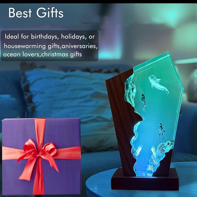 Whale Shark Resin Ocean Lamp, Handmade RGB Ocean Lamp with Wooden Base for Home Decor, Scuba Diving Gifts for Ocean Lovers,Unique Birthday Valentine's Day Gifts for Women & Men (L,10"x6")
