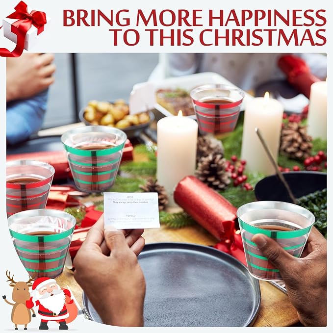 Gejoy 9 oz 200 Pcs Christmas Rimmed Stripe Plastic Cups Bulk Disposable Wine Hard Plastic Drinking Cocktail Cups Tumblers for Wedding Gathering Party Supplies(Red and Green)