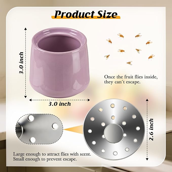 Ceramic Fruit Fly Trap for Indoors, Reusable Kitchen Fly Catcher with Stainless Steel Vent Lid, Uses Safe & Natural Vinegar Bait Trap, Dishwasher Safe, Easy to Use(Purple,1 Pack)