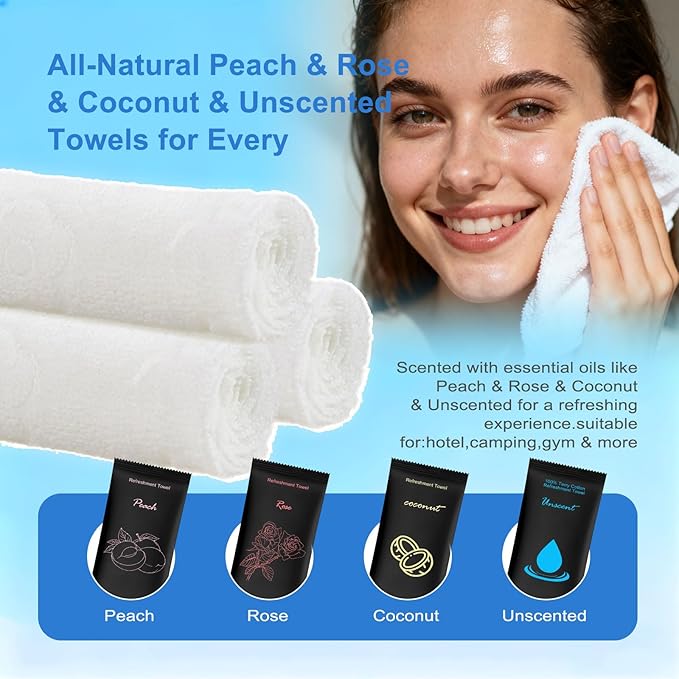 Moist Cotton Towel Bulk Moist Towelettes Individually Wrapped 8.7"x 8.7",White Towel Services,Refreshment Pre Moistened Towels Peach,Rose,Coconut and Unscented for Sport Party Spa(Pack of 20）