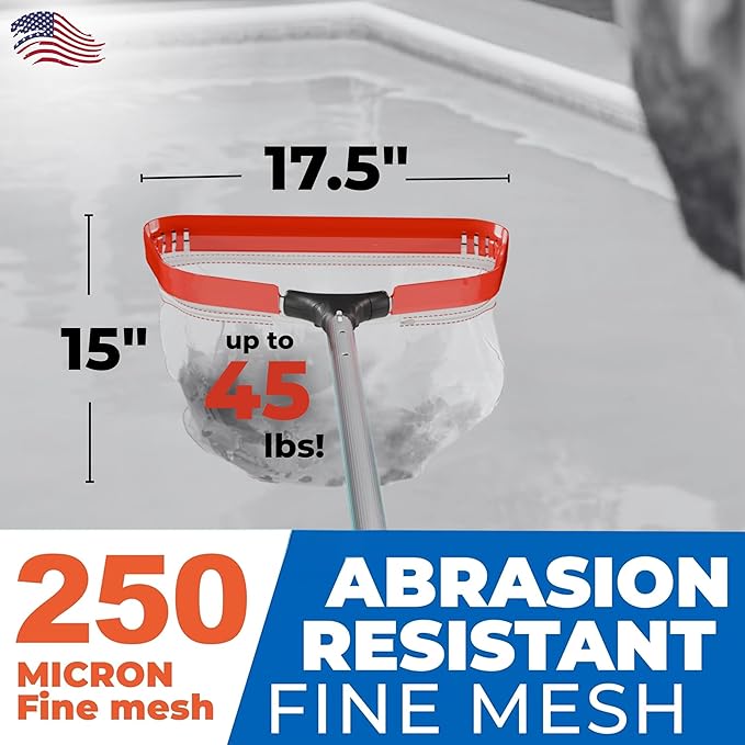 ProTuff 17" Silt Net Pool Skimmer for PROS – “490 Promise” Unlimited Unconditional Replacement – Ultra-Durable Ultra Fine Net for Silt – Heavy-Duty Aluminum Frame, EZ-Clip & Deep Bag for Cleaning