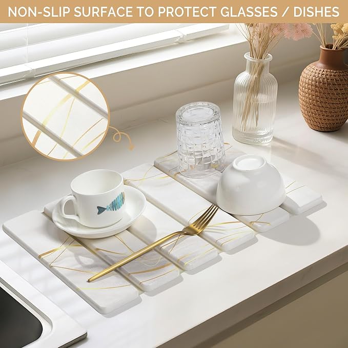 Large Stone Dish Drying Mat for Kitchen Counter, 2PCS Quick Dry Stone Dishes Mat,Foldable Water Absorbing Drying Organizer Pad for Plate Rack Bottles Utensils(Printed White Gold 16"x12" & 8“x4")