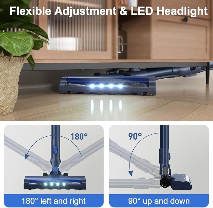 PRETTYCARELIFE 6-in-1 Cordless Vacuum Cleaner,Stick Vacuum with 180° Bendable Wand,High Power/Powerful Suction/Long Runtime,Self-Standing Wireless Vacuum for Hardwood Floor (Blue)