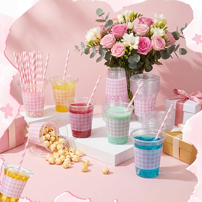 Domensi 25 Sets Pink and White Gingham Plastic Cups with Lids and Paper Straws 12oz Checkered Disposable Drinking Cups Bulk for Cold Drinks Baby Shower Wedding Birthday Summer Party Supplies