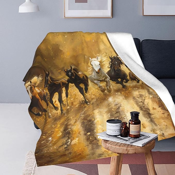 Horse Blanket 7 Lucky Running Wild Horses Decor Throw Blanket Comfy Plush Flannel Fleece Warm Soft Fluffy Fuzzy Blanket Western White Horse Gifts for Girls Boys Women Teens for Bed Sofa Couch 40"X50"