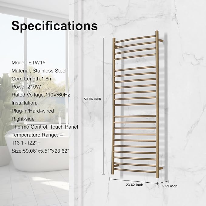 Electric Towel Warmer - Wall Mounted Bathroom Heated Towel Rack, Plug-in Design & Brushed Stainless Steel Finish Gold 21 Bar