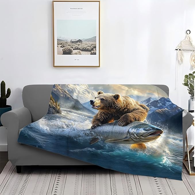 Tijuboni Bear Fish Throw Blanket Cabin Bear Gifts for Women Men Girls Boys Kids Adults Soft Flannel Fleece Blanket for Couch Sofa Bed Home Decor 40"x50"