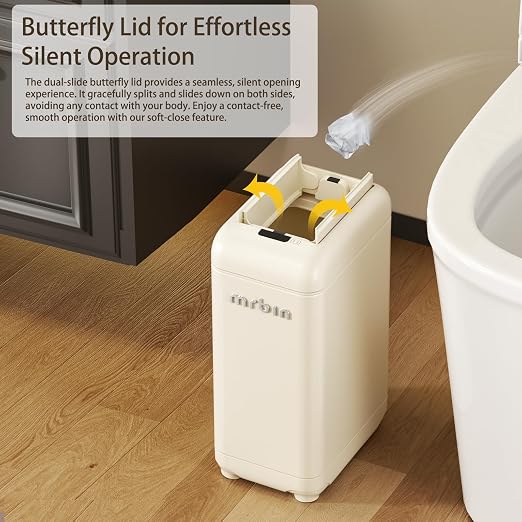 MRBIN 9L Slim Automatic Trash Can with Butterfly Lid, 2.4Gal Touchless Sensor Waste Bin, Waterproof Splash-Proof Design, Narrow Garbage Container for Bathroom, Bedroom, Small Spaces, Cream White