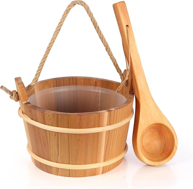 Wooden Sauna Bucket and Ladle Set, Handmade from Natural Pine with Rope Handle,4L (4L Cedar Wood)