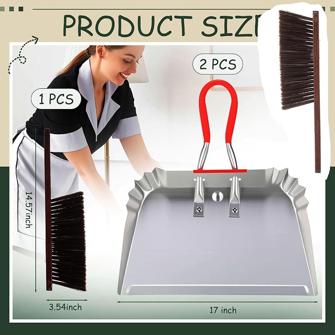 Pasimy 2 Pack 17" Metal Dust Pan and Brush Set, Large Heavy Duty Handheld Industrial Dustpan with Handle Debris Sweeping Tool Metal Edge Flat Against Floor for Outdoor Patio Yard Garage(Sliver)