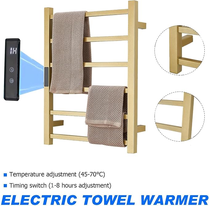 Electric Heated Towel Warmer Rack Gold Bathroom Accessories, With Timer Wall Mounted Rail, 6 Bars Stainless Steel Drying Racks Home Radiator, Hardwired