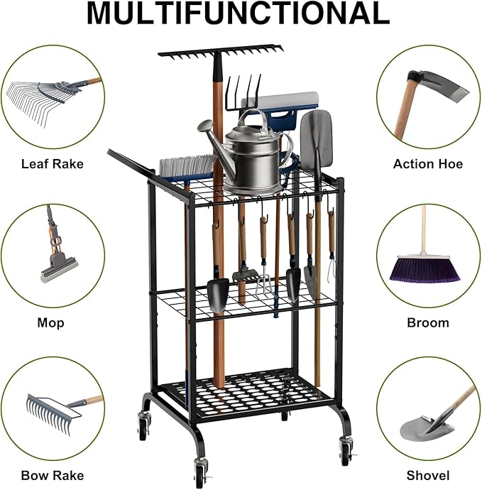 RANXFLOAT Garden Tool Organizer with Wheels, Yard Tool Tower Rack for Garage Organization and Storage, Up to 35 Long-Handled Tools,Metal Tool Holder with 6 Hooks, Black