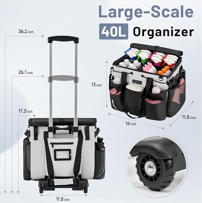 LOEUO Large Cleaning Caddy for Cleaning Supplies Organizer, Rolling Cleaning Caddy Bags with Wheels for Housekeepers, Cleaning Carts on Wheels for Home Car Office Picnic