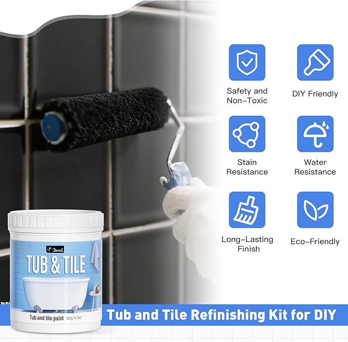 DWIL Tub and Tile Paint 16.5 oz, Tub Paint for Bathtub, Tile Refinishing with Hardener, Water Based, Low Odor, Semi-Gloss Black, 25-30sq.ft