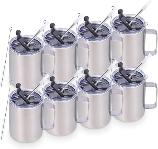 Volhoply 12oz Insulated Leakproof Coffee Mug with Flip & Straw Lid Bulk 8 Pack,Double Wall Vacuum Stainless Steel Travel Tumbler Cup with Handle,Reusable Camping Keep Cold/Hot(Silver,8 Set)