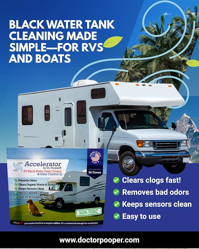 Accelerator by Dr. Pooper RV Black Water Tank Cleaner and Odor Control, Sludge and Waste Remover, Sensor Safe, Non-Toxic, 65 Doses with Scoop, Made in USA