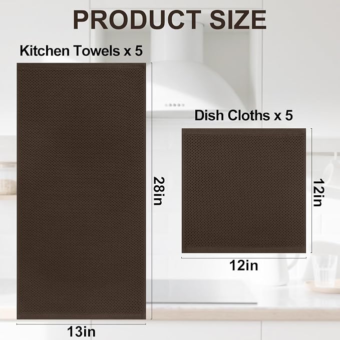 Homaxy 100% Cotton Kitchen Towels and Dishcloths Set, 12 x 12 Inches and 13 x 28 Inches, Set of 10 Bulk Kitchen Towels Set, Ultra Soft Absorbent Dish Cloths for Washing Dishes, Dark Brown