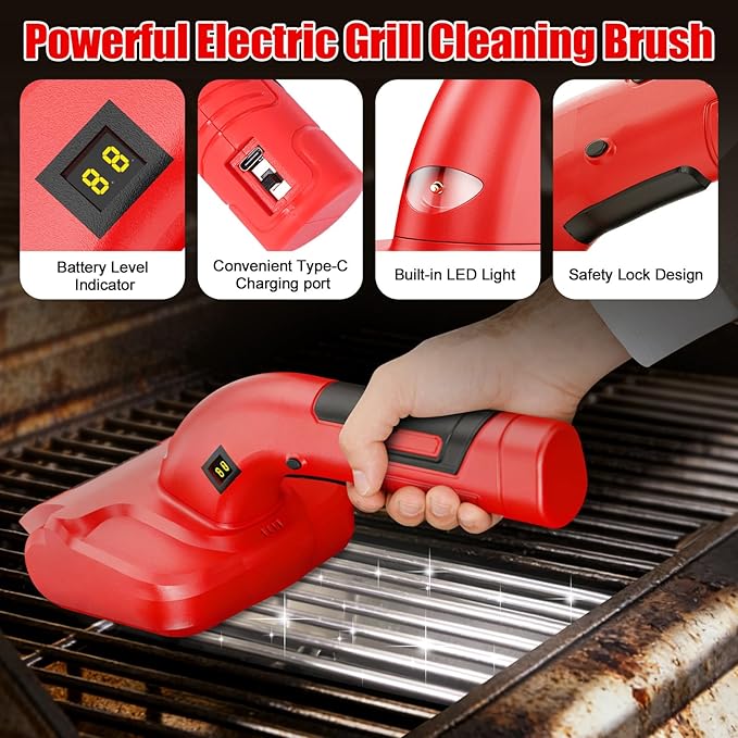 Electric Grill Brush, Electric BBQ Grill Cleaner Cordless Rechargeable 700 RPM Grill Cleaning Brush for Outdoor Barbecue Grill with LED Light, Stainless Steel Brush, Cleaning Stone, Safety Lock
