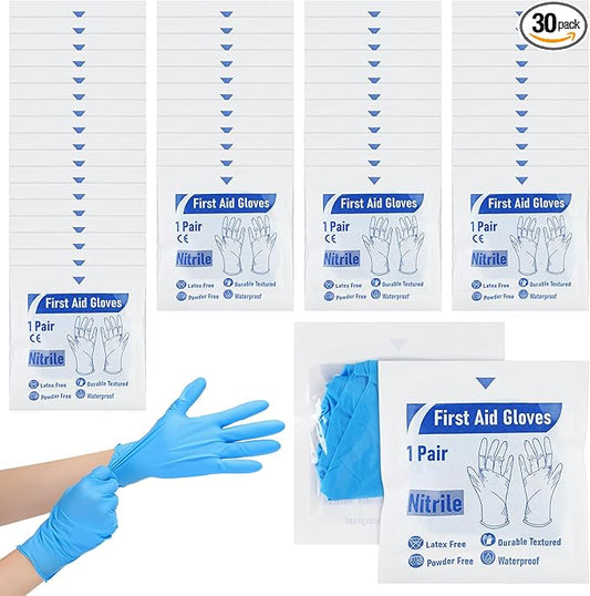 Chicingyou 30 Pairs Disposable Emergency Glove Individually Packaged Travel Gloves Travel Trauma Essential Nitrile Glove (Blue)