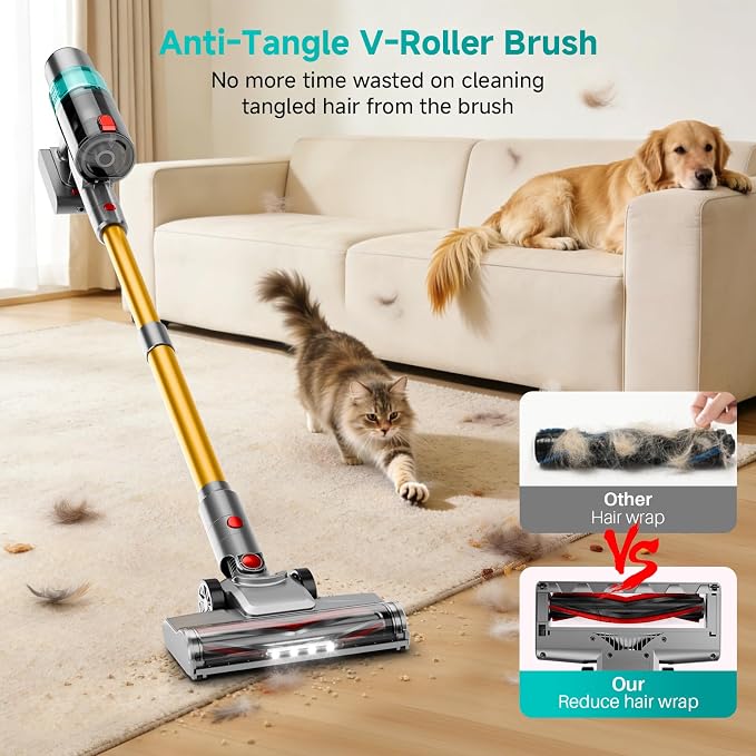 Cordless Vacuum Cleaner: 40KPA Powerful Suction Cordless Stick Vacuum Cleaners for Home, Anti-Tangle Brush, Lightweight, 6-in-1 Rechargeable Vacuum for Pet Hair/Low-Pile Carpet/Hard Floor-Green