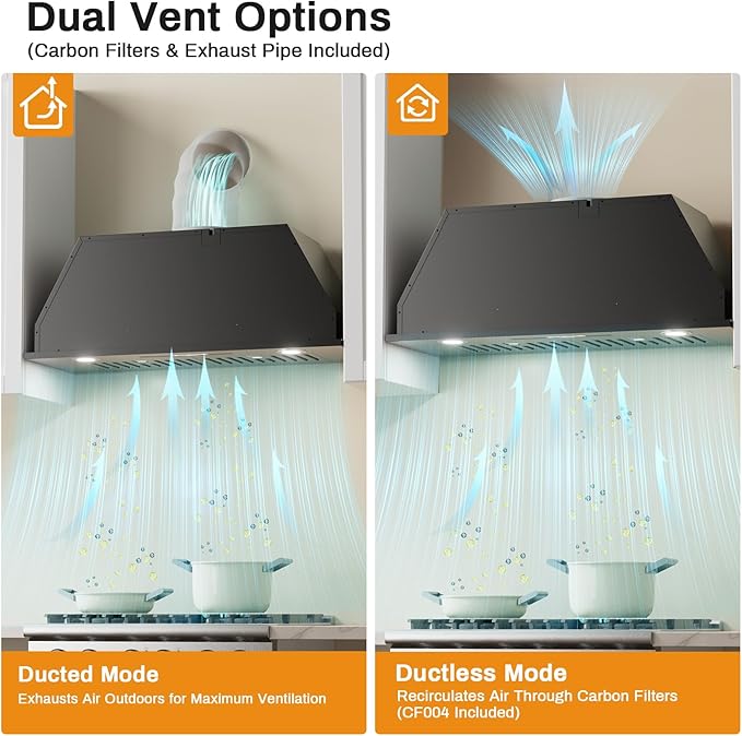 30 Inch Range Hood Insert, 600 CFM Convertible Ducted/Ductless Matte Black Hood with Touch and Gesture Controls, 3-Speed Fan, LED Lights, Baffle & Carbon Filters