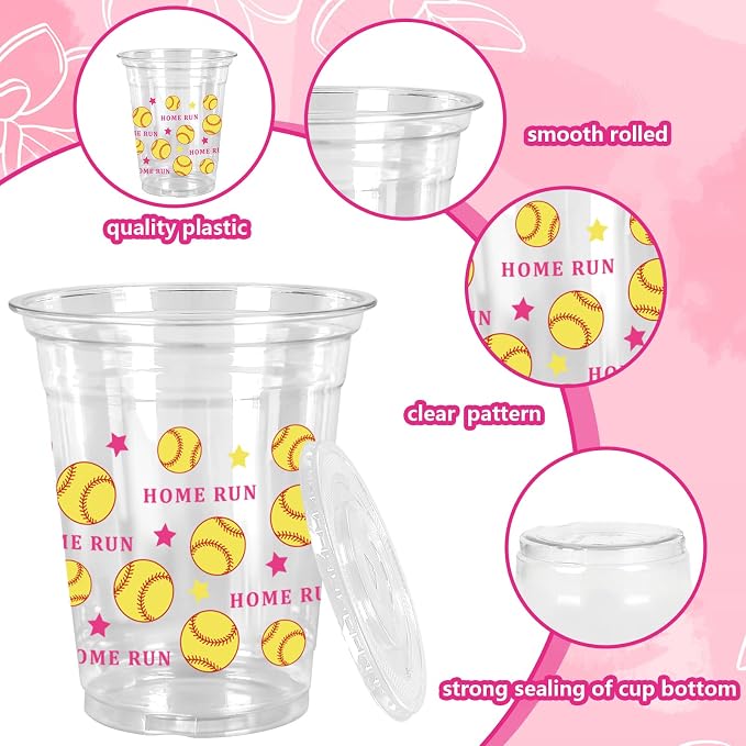 FYSUIMU 50 Pcs Softball Plastic Cups with Lids and Straws Clear Plastic Cups Yellow Baseball Party 12 Oz Disposable Cup for Sports Party Supplies