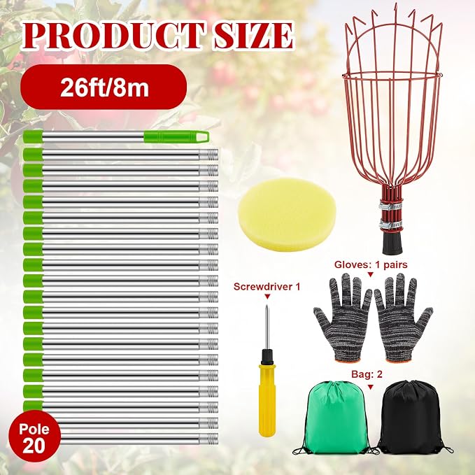 Colingmill 26ft Fruit Picker Pole with Basket, Telescoping Fruit Picking Tool with Soft Cushion, Extendable Harvester for High Trees, No Ladder Needed for Apple, Cherry, Orange, Citrus, Peach